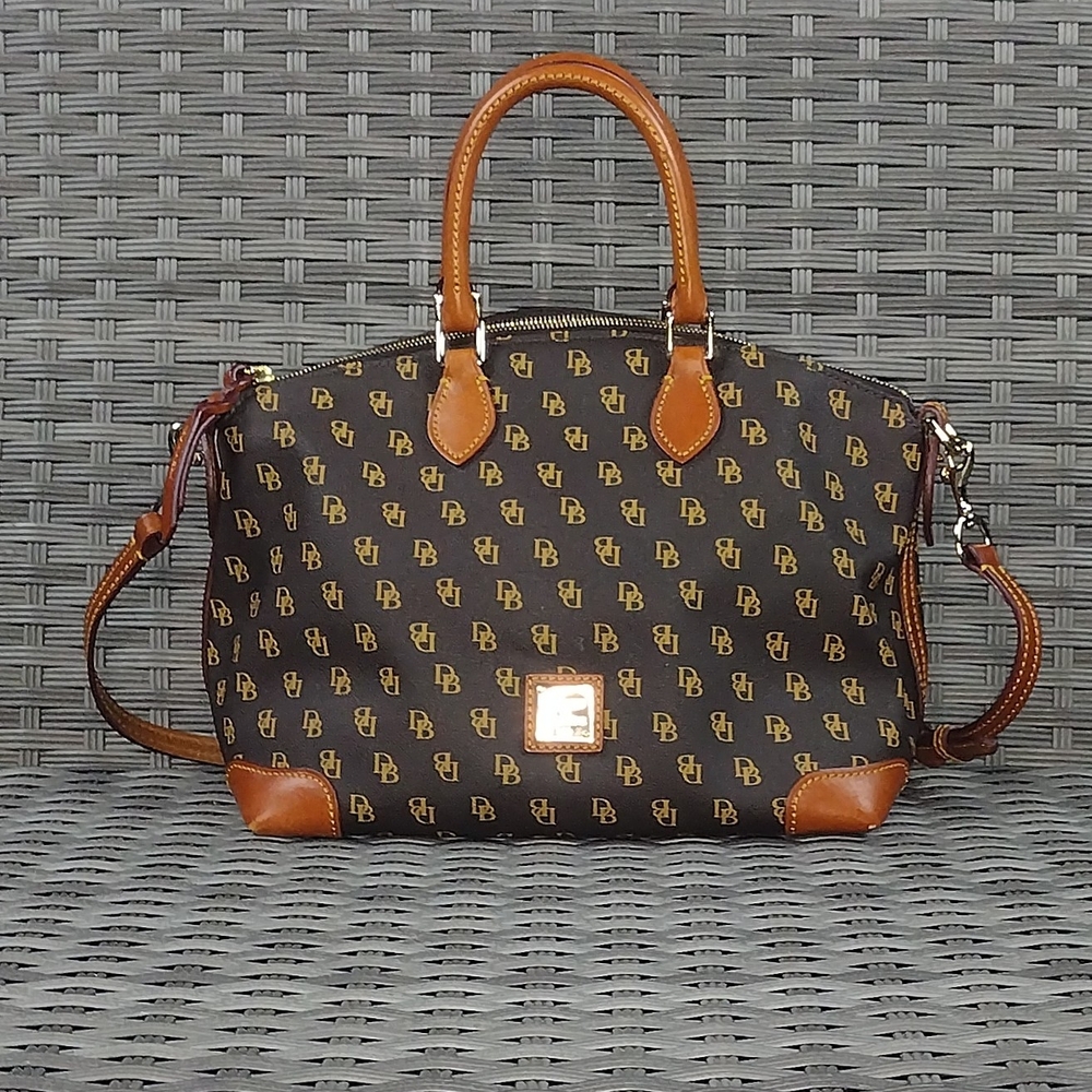 Dooney & Bourke Cognac Leather Satchel with Monogram Design